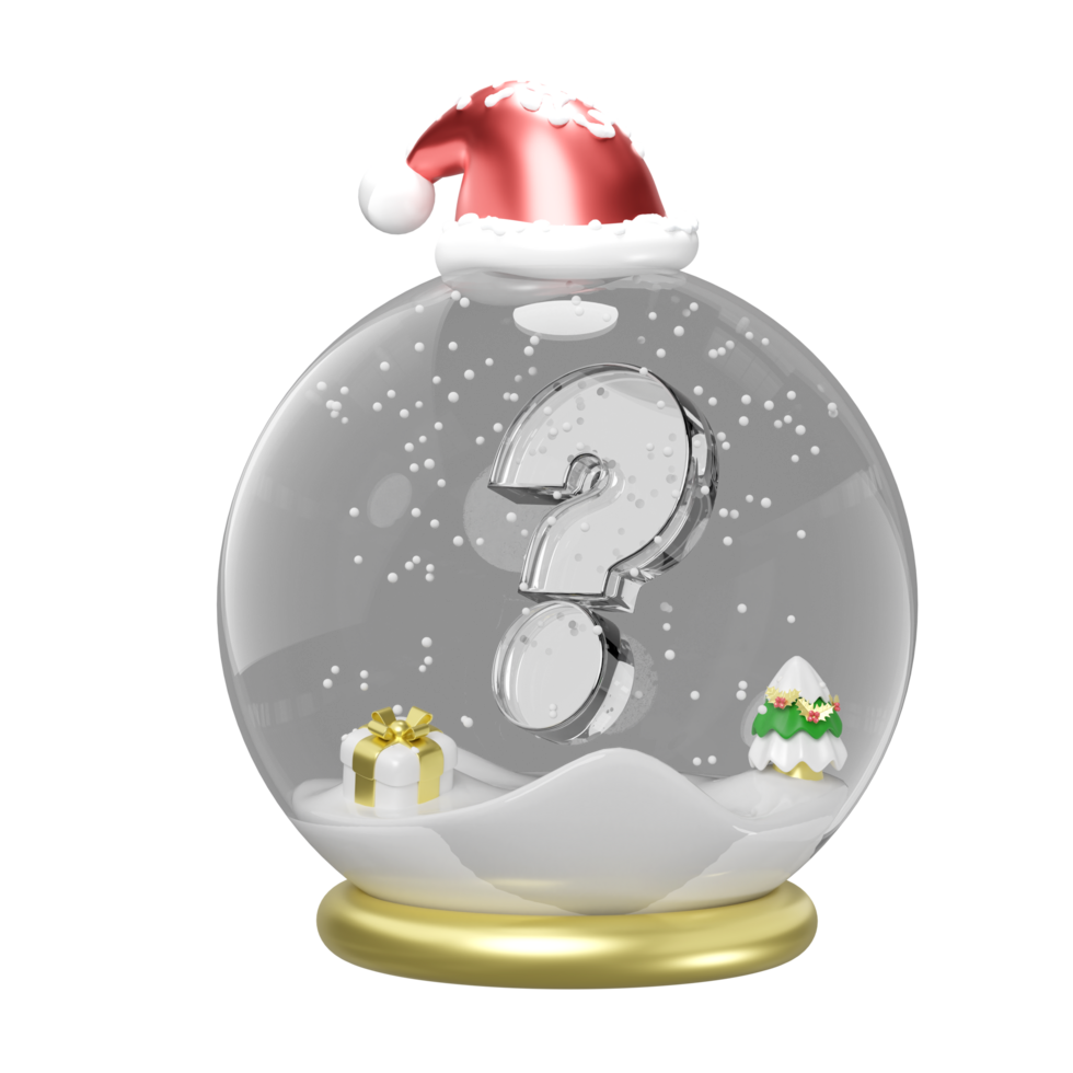 3d question mark symbol transparent in snow globe with santa claus hat isolated. FAQ or frequently asked questions, merry christmas and happy new year, 3d render illustration png