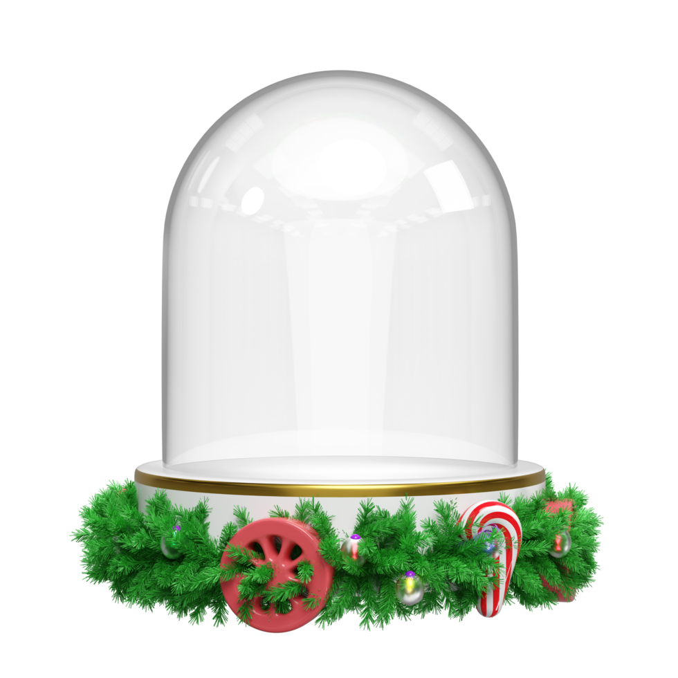 3d snow globe empty with decorated podium on wheels isolated. merry christmas, festive new year concept, 3d render illustration png