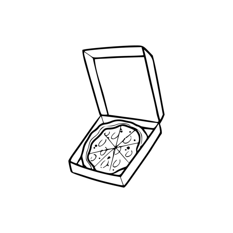 A pizza in a box with a slice of pizza inside vector