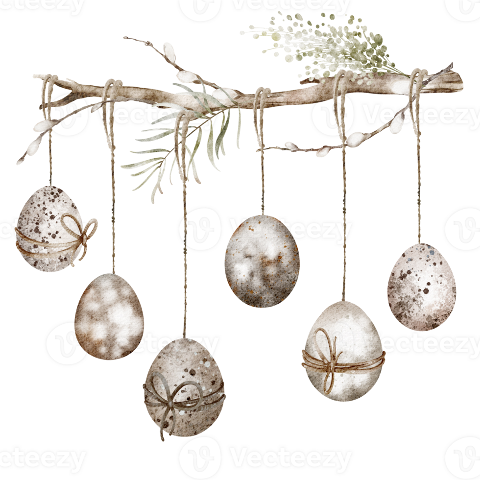 Watercolor illustration of Easter eggs on willow twigs. Elegant hand-drawn composition for springtime celebration cards and invitations. Perfect for holiday designs with traditional Christian themes. png