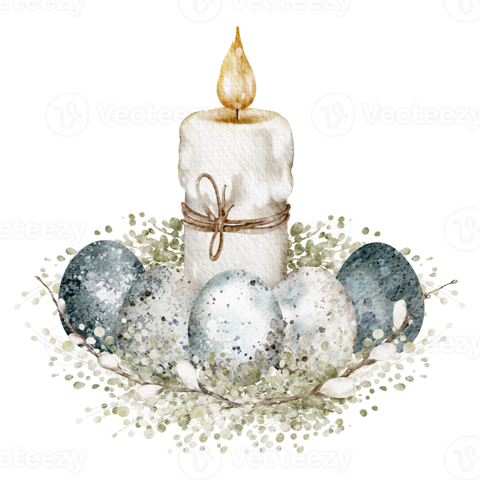Easter watercolor composition illustration. A hand-drawn design with pastel colors featuring eggs, twigs, and springtime elements. Perfect for holiday templates, invitations, and wrapping. png