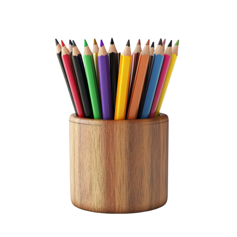 color pencils in a wooden holder on a transparent background png