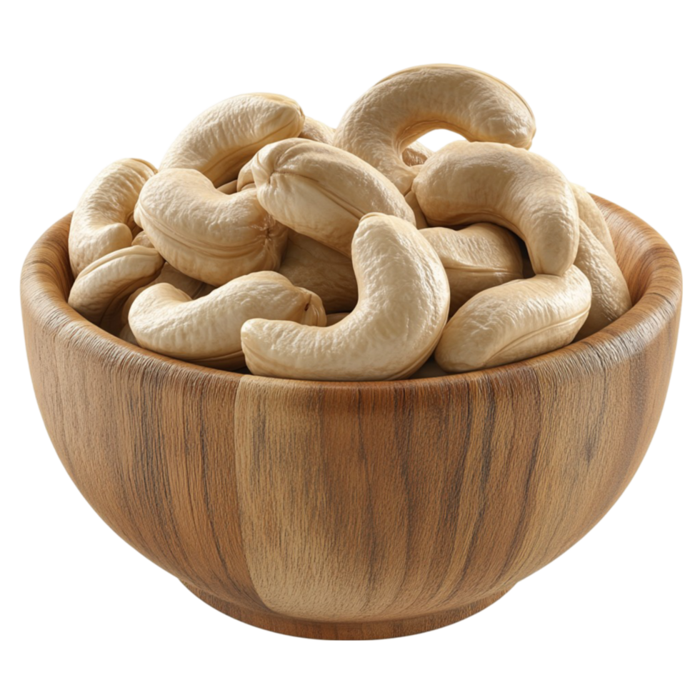 Cashew Nuts in Rustic Wooden Bowl on Transparent Background png