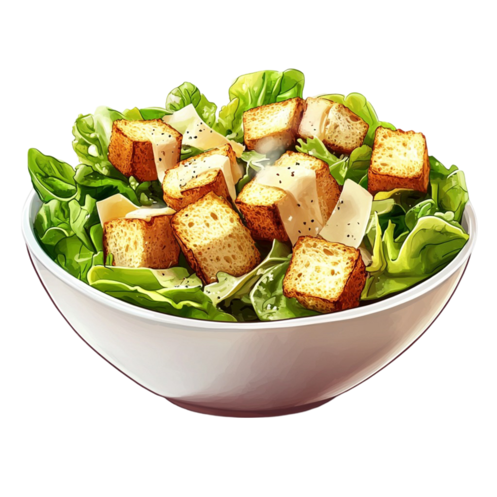 a salad with croutons and lettuce in a bowl png
