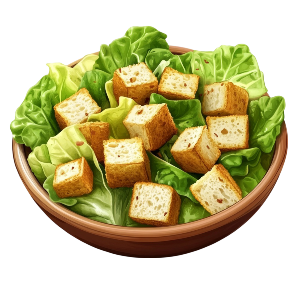 Bowl of Fresh Lettuce and Croutons Salad on Transparent Background png