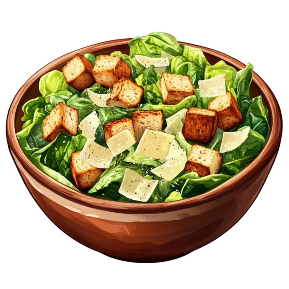 Green Lettuce Salad with Croutons in a Bowl on Transparent Background png