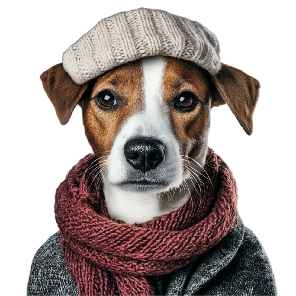 Adorable Dog Dressed in Hat and Scarf on Transparent Background png