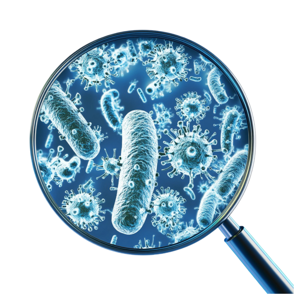 magnifying glass with bacteria and viruses png