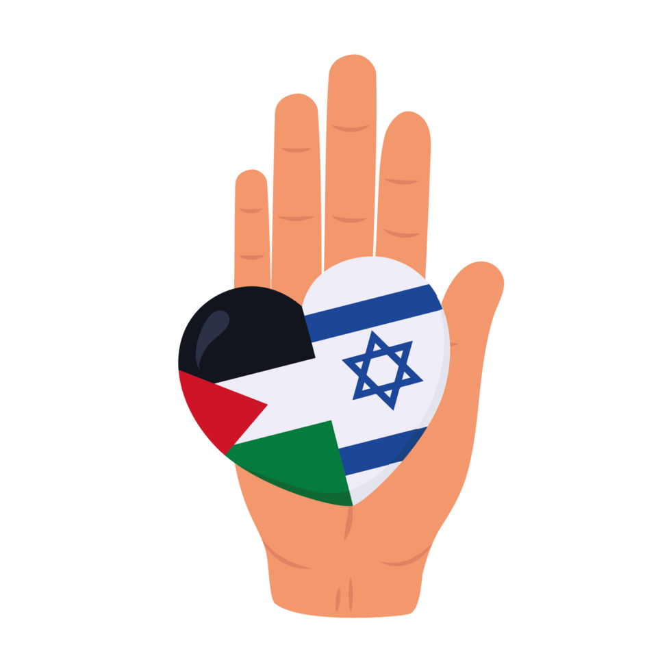 israel and palestine flags in heart with hand design png