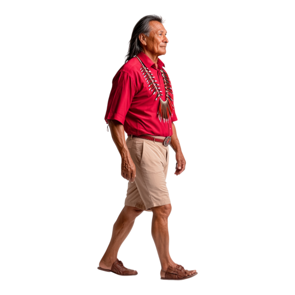 Traditional Native American Man Walking in Colorful Attire Outdoors png