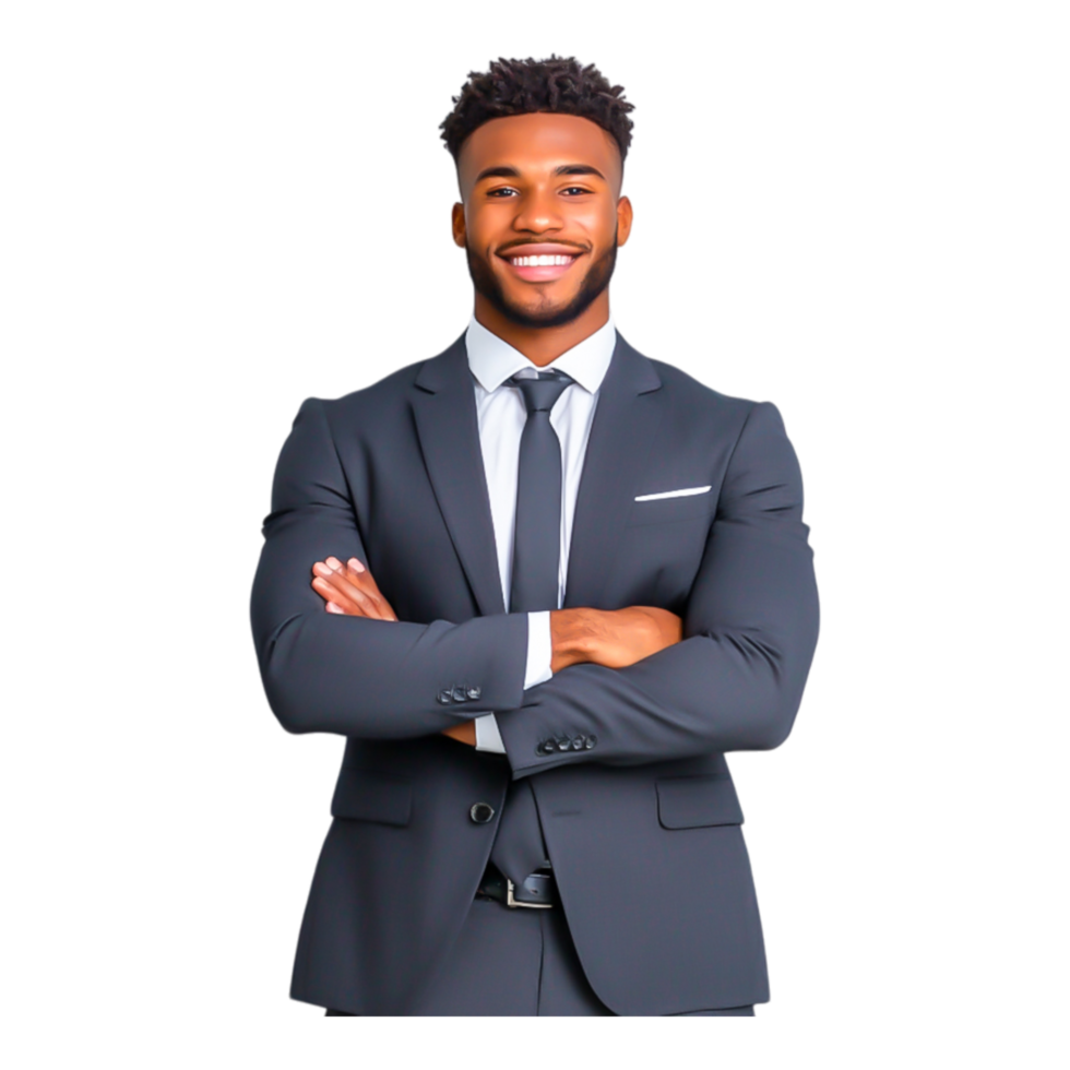 Confident businessman in a suit smiling with arms crossed posture png