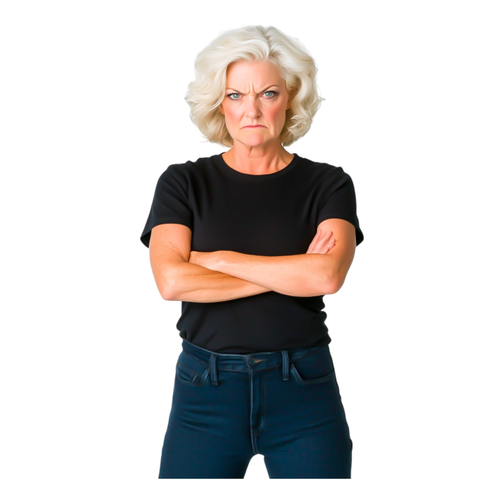 Serious woman with gray hair showing anger in a studio setting png