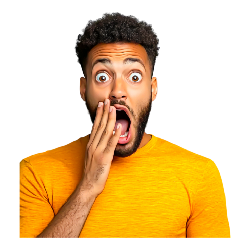 Shocked Man in Yellow Shirt with Hands on Face Showing Surprise png