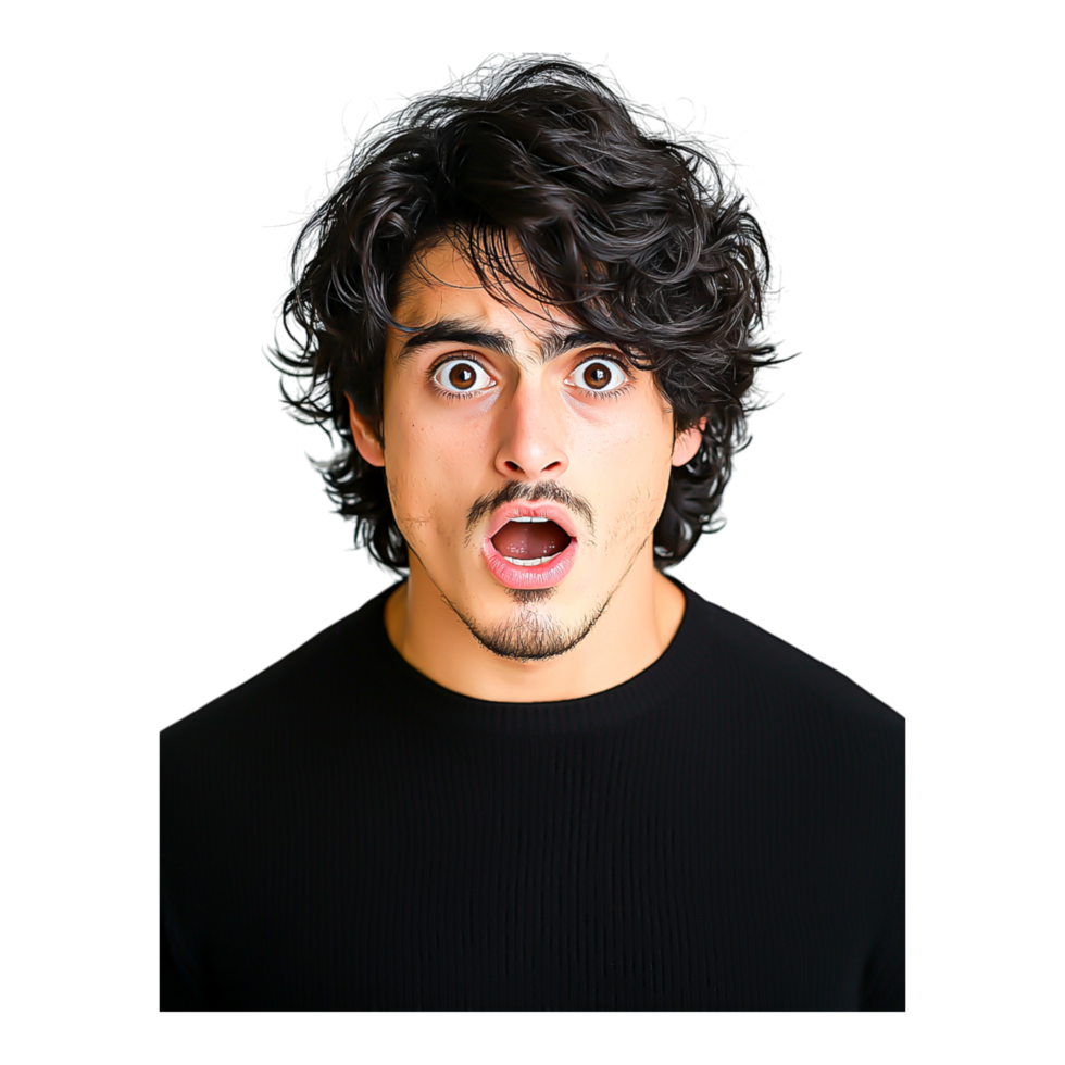 Surprised Young Man with Curly Hair Expressing Shock and Disbelief png