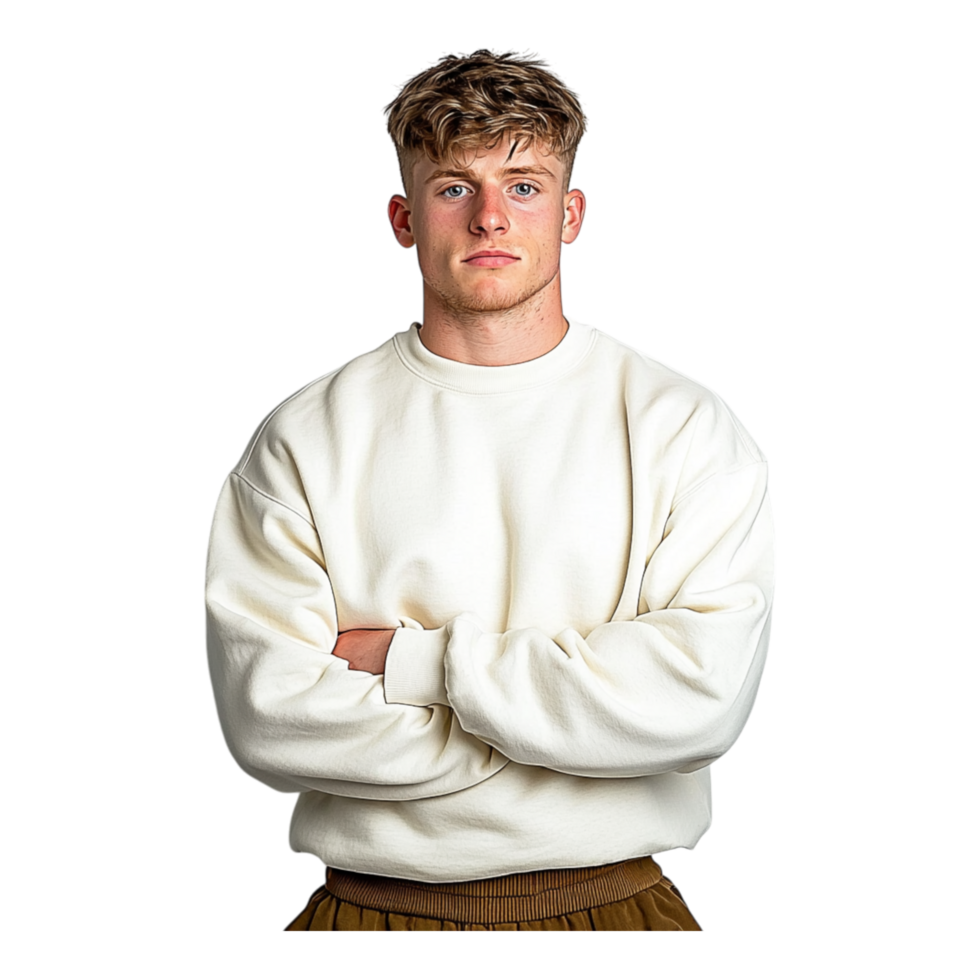 Young Man in Neutral Sweater with Confident Expression and Stance png