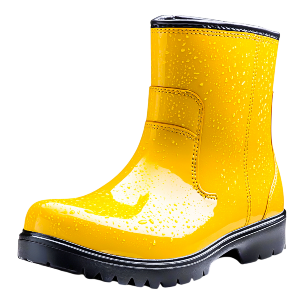 Bright Yellow Rubber Boot with Water Droplets on the Surface png