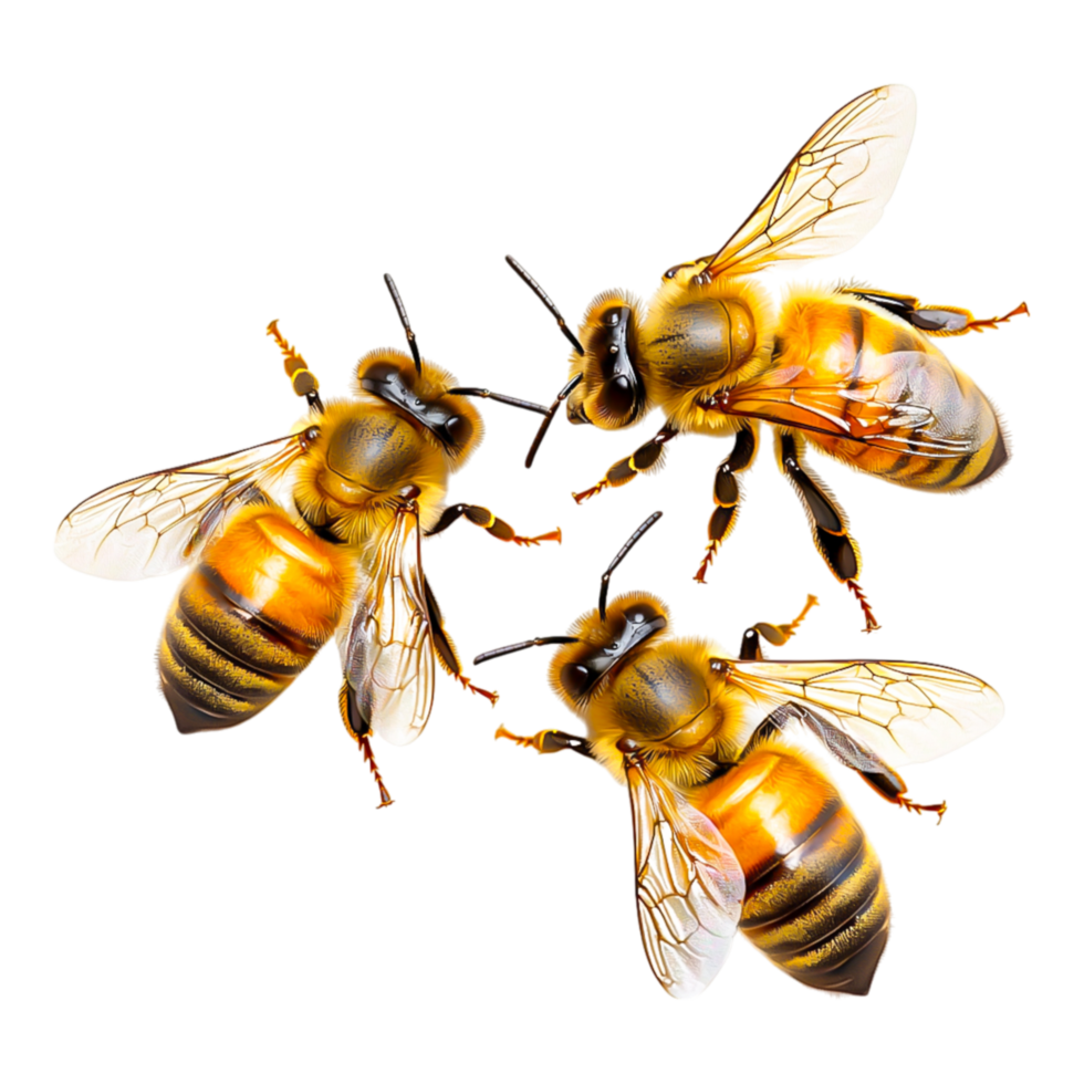 Close-up of Honey Bees Pollinating Flowers in Vibrant Detail png