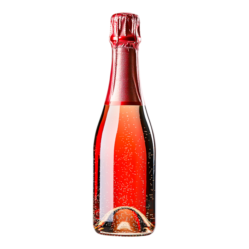 Sparkling Red Beverage in Glass Bottle with Bubbles and Bright Label png