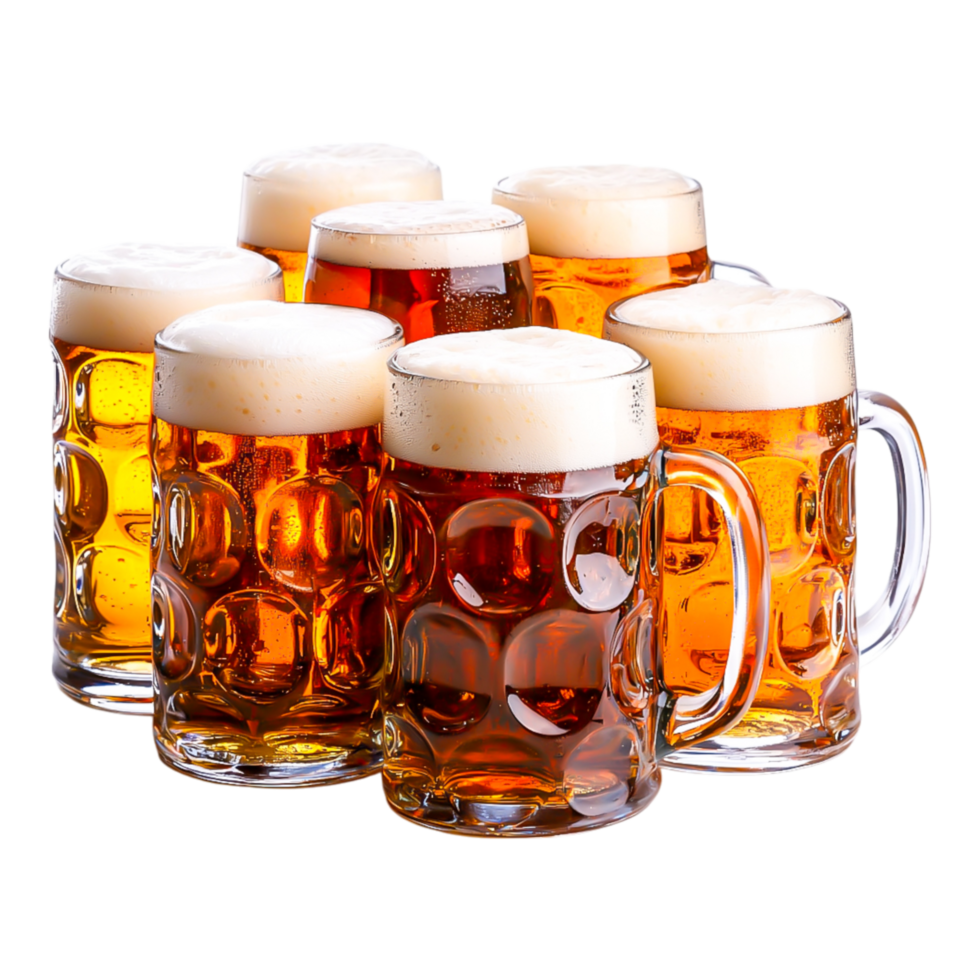 Assortment of Colorful Beer Mugs with Different Beverages and Foam png