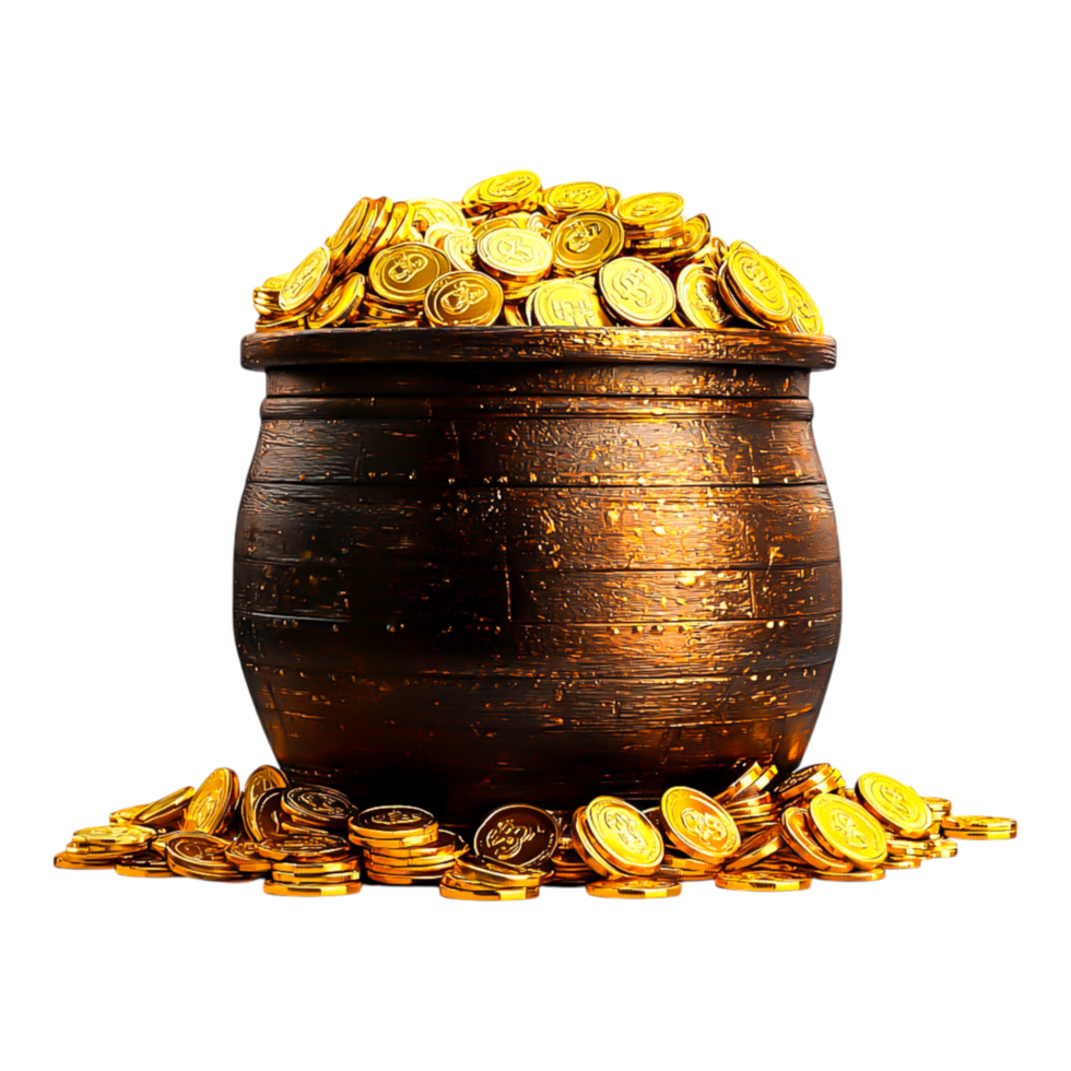 Golden Coins Overflowing from a Rustic Wooden Pot Treasure Image png
