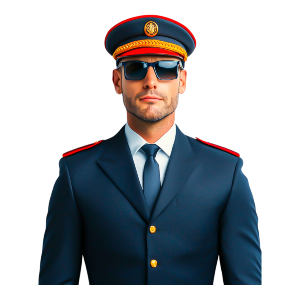 Confident Man in Uniform with Sunglasses and Stylish Hat png