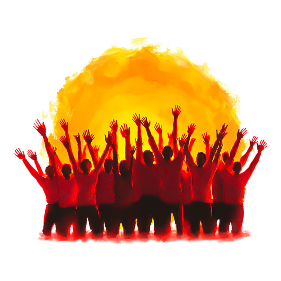 Celebratory Group Silhouette with Raised Hands against Vibrant Sunrise png