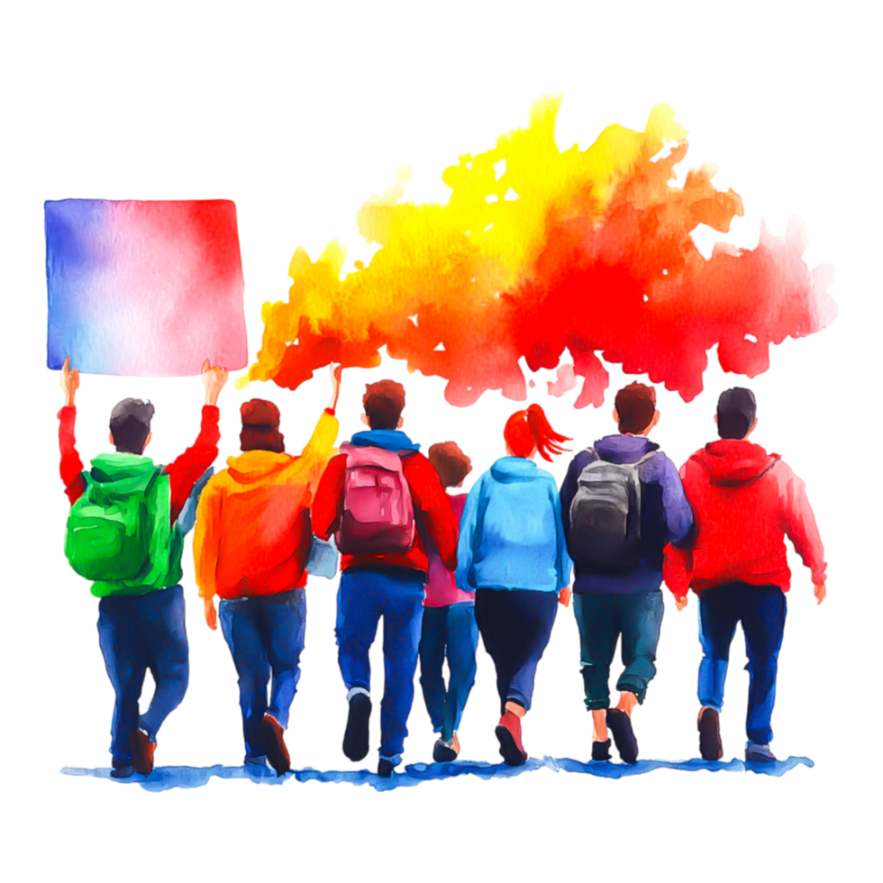 Diverse Group of Protesters Marching with Colorful Smoke Bombs png
