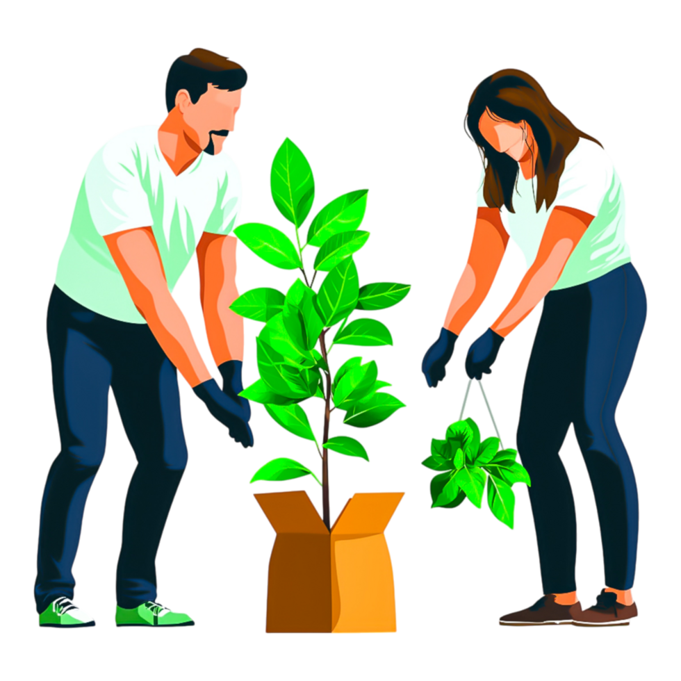 A Couple Planting a Tree in a Box with Green Leaves and Plants png