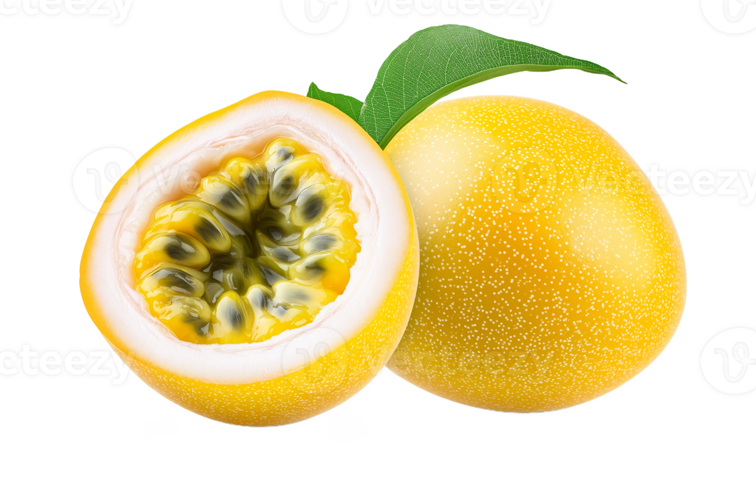Juicy Yellow Passion Fruit Tropical Fruit Half Cut Seeds Leaf png