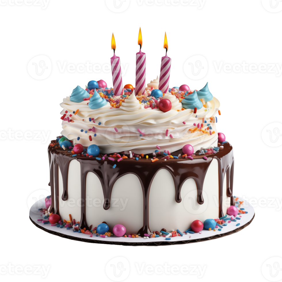 Delicious Birthday Cake with Candles Sprinkles and Chocolate Drizzle png