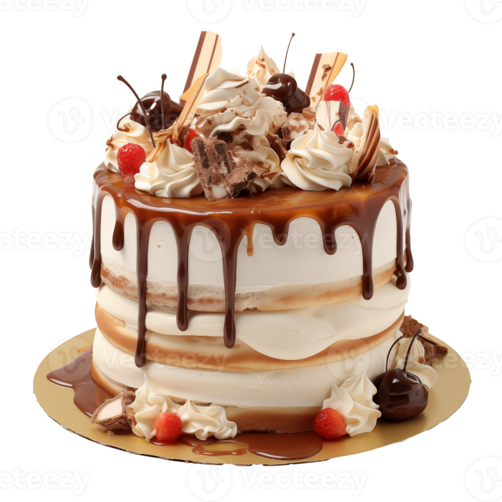 Delicious Chocolate Caramel Cake with Whipped Cream Berries png