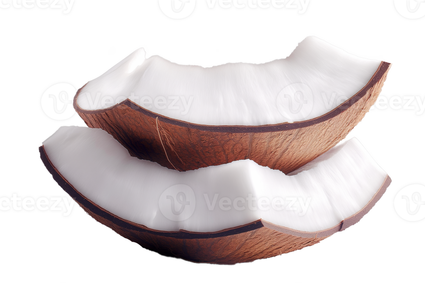 Fresh Coconut Pieces Tropical Fruit White Flesh Brown Shell Healthy Snack Food Photography Isolated png