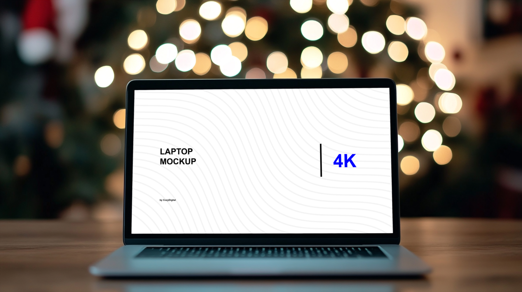 Mockup of laptop on the table. Front screen view. Christmas tree on background psd