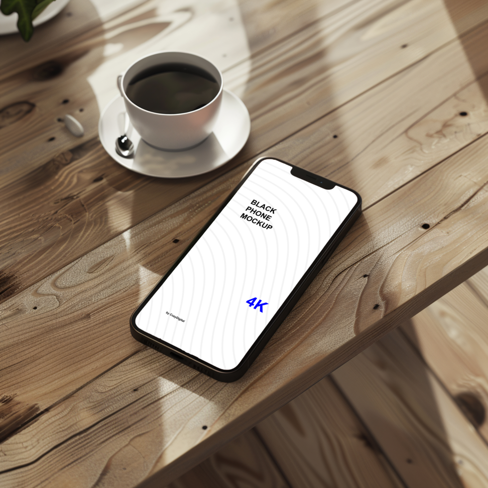 Black smartphone mockup on wooden background psd