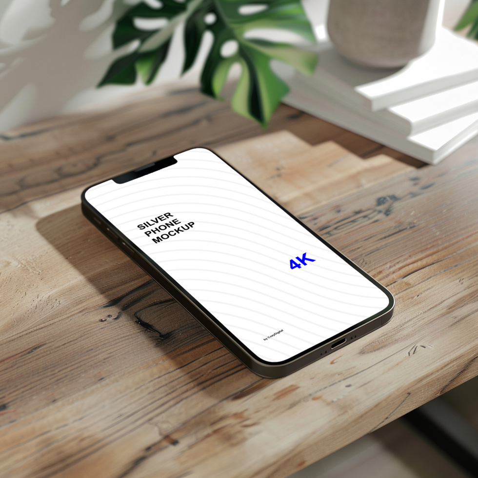 Silver smartphone mockup on wooden surface psd