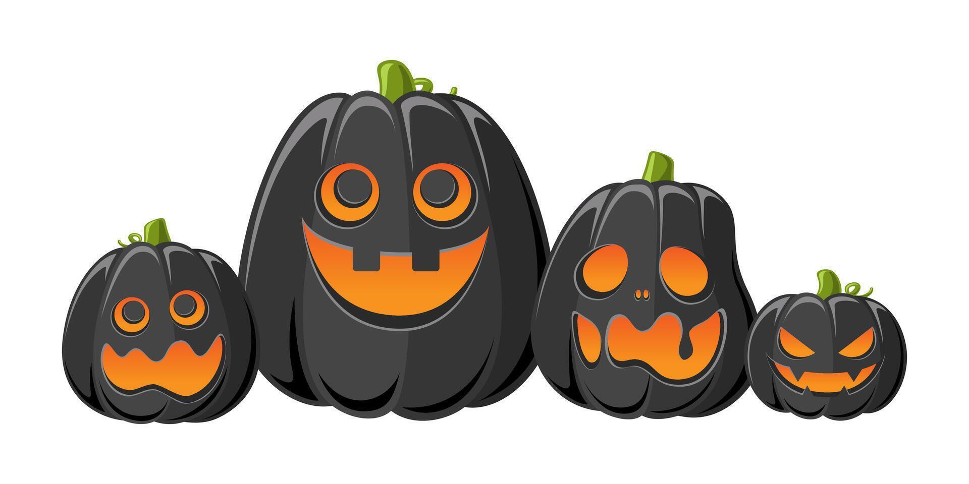 Glowing Jack O Lanterns, Cute Fun Halloween Pumpkins, Creepy Spooky Scary Decorations vector