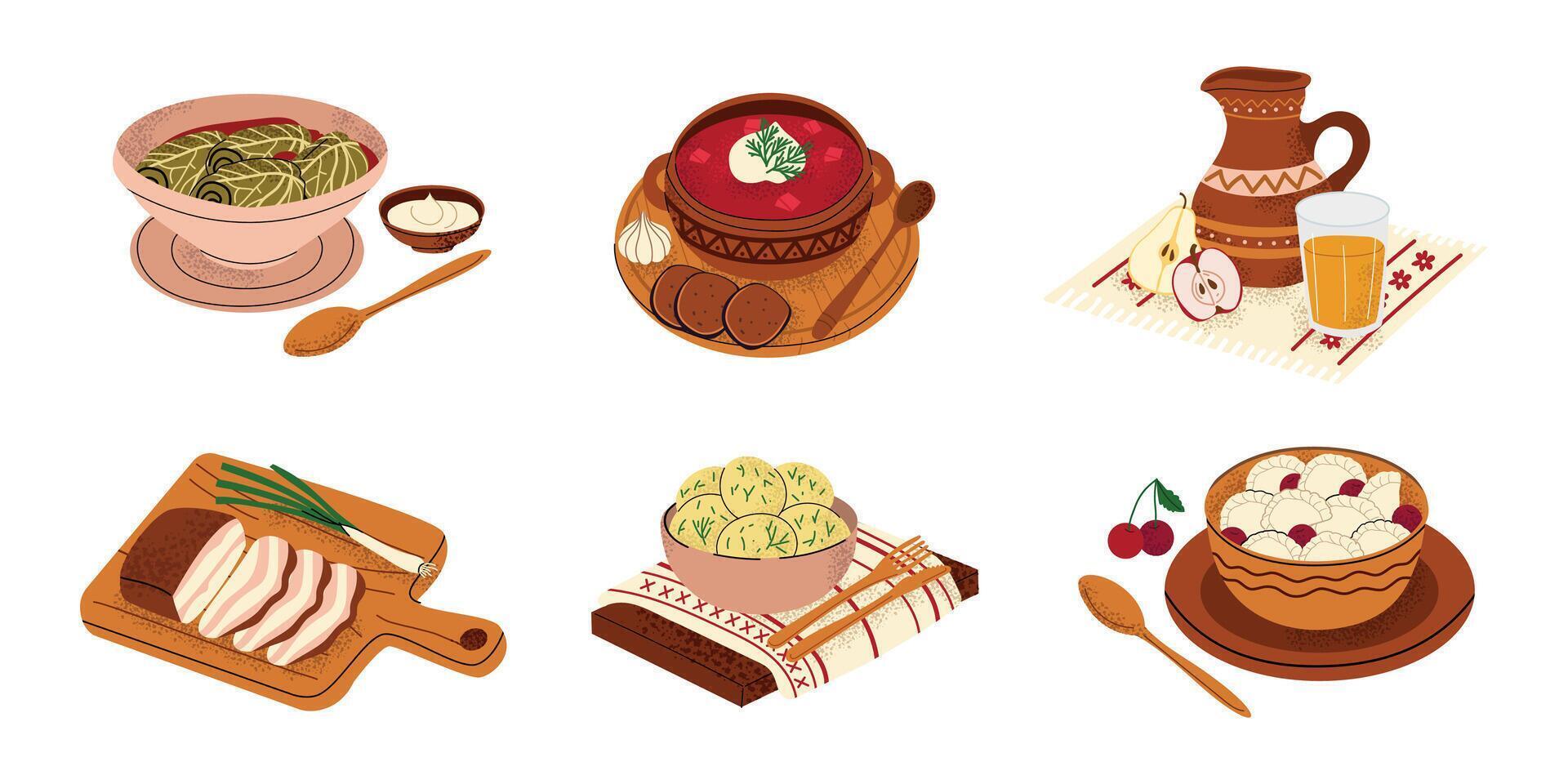 Traditional Ukrainian cuisine set with borscht, golubtsi, varenyky, salo, uzvar and potatol. Authentic food illustration. Ukrainian culture. Flat food set on white isolated background. vector