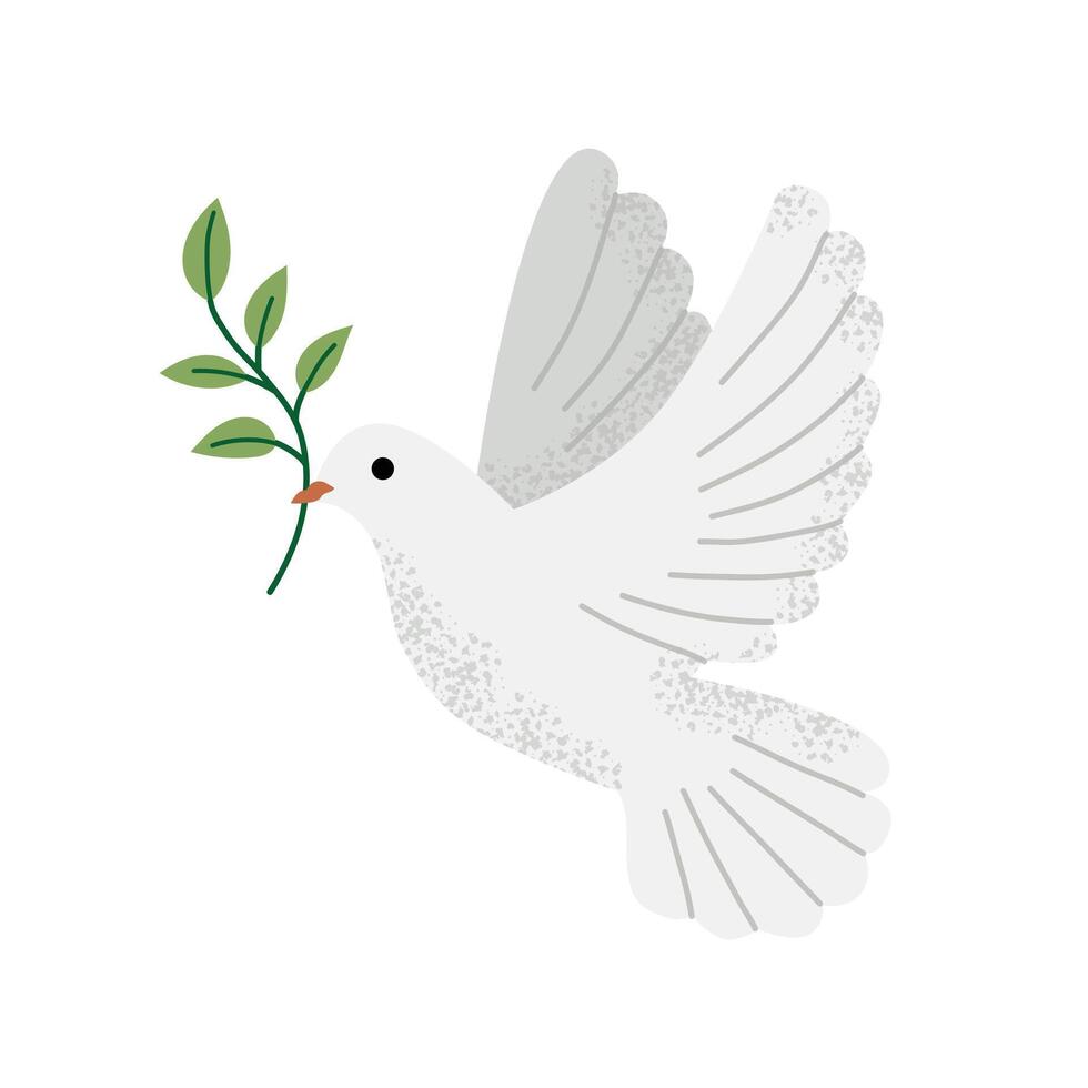 White dove holding an olive branch. A universal symbol of peace and hope. Colorful flat illustration isolated on white background. vector