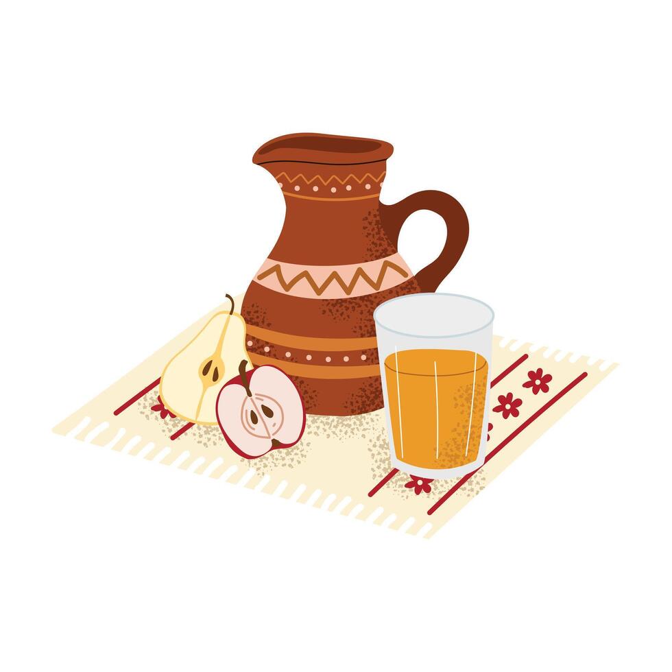 Drink in clay pot with apple and pear. Uzvar, Ukrainian traditional drink on vyshyvanka. Hand drawn illustration. White isolated background. vector