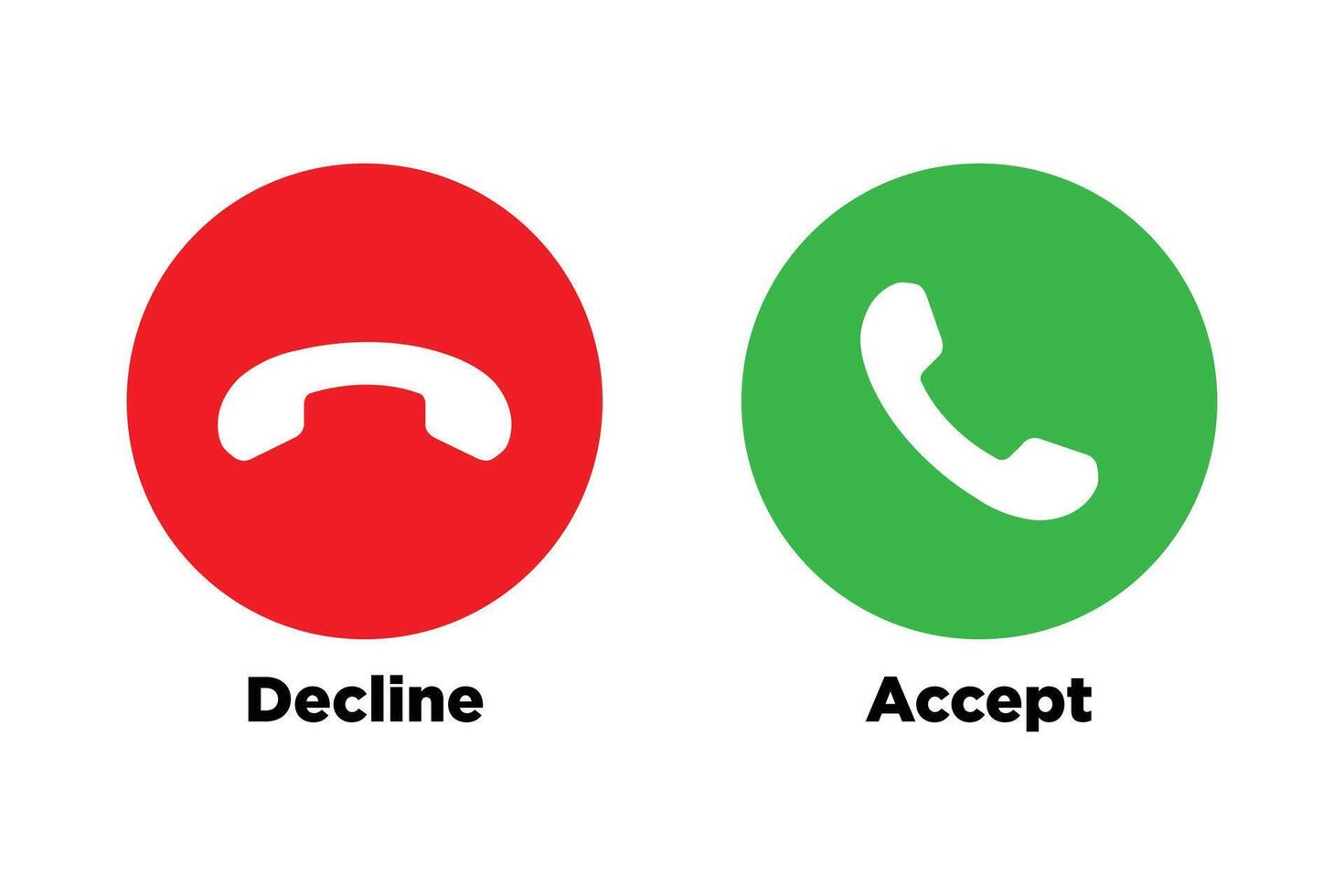 Phone call icons. Accept call and decline button. Green and red buttons with handset silhouettes. vector