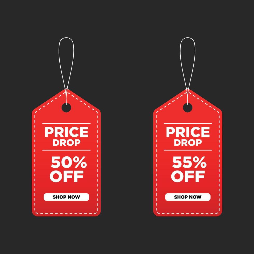 Price drop sale red tag with discount 50 percent and 55 percent vector