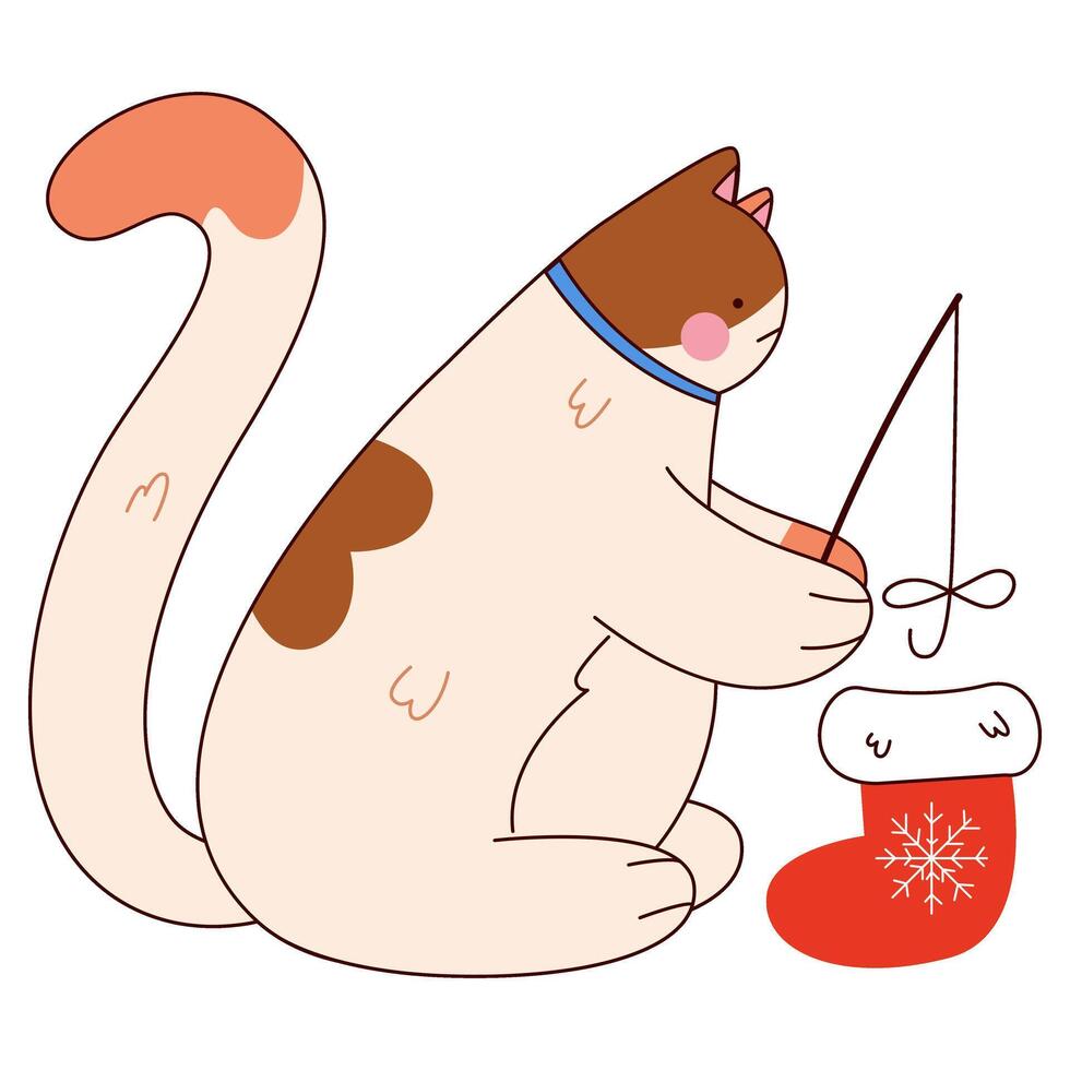 Cute fat cat with Christmas sock.Funny Christmas,New Year character.illustration for greeting card,sticker on transparent background.Hand drawn trendy illustration EPS10. vector