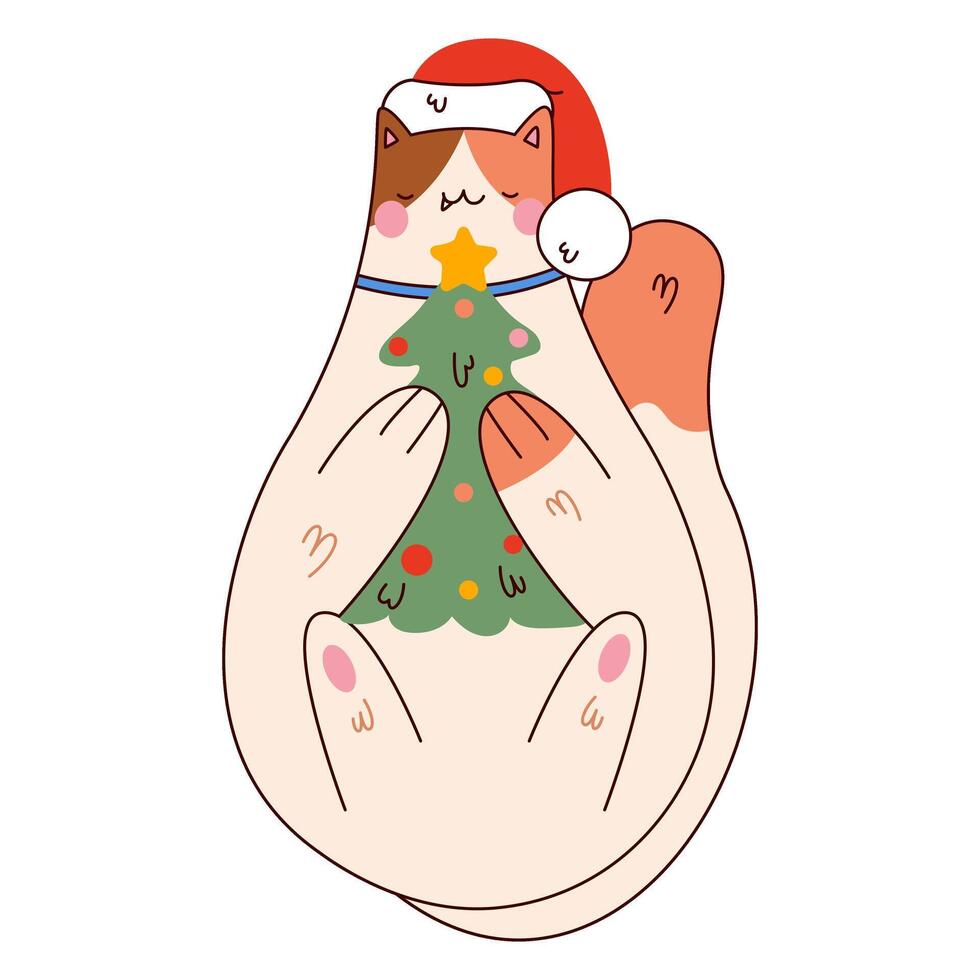 Cute fat cat with Christmas tree.Funny Christmas,New Year character.illustration for greeting card,sticker on transparent background.Hand drawn trendy illustration EPS10. vector