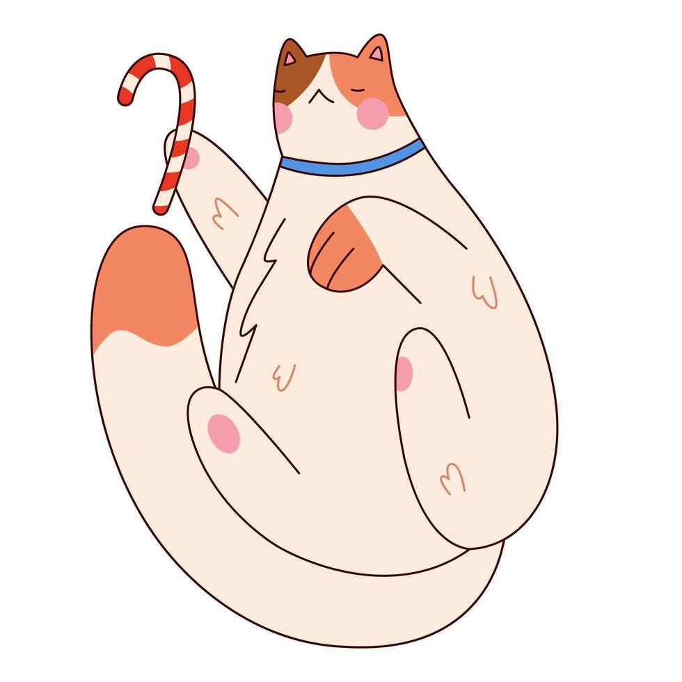 Cute fat cat with Christmas candy cane.Funny Christmas,New Year character.illustration for greeting card,sticker on transparent background.Hand drawn trendy illustration EPS10. vector