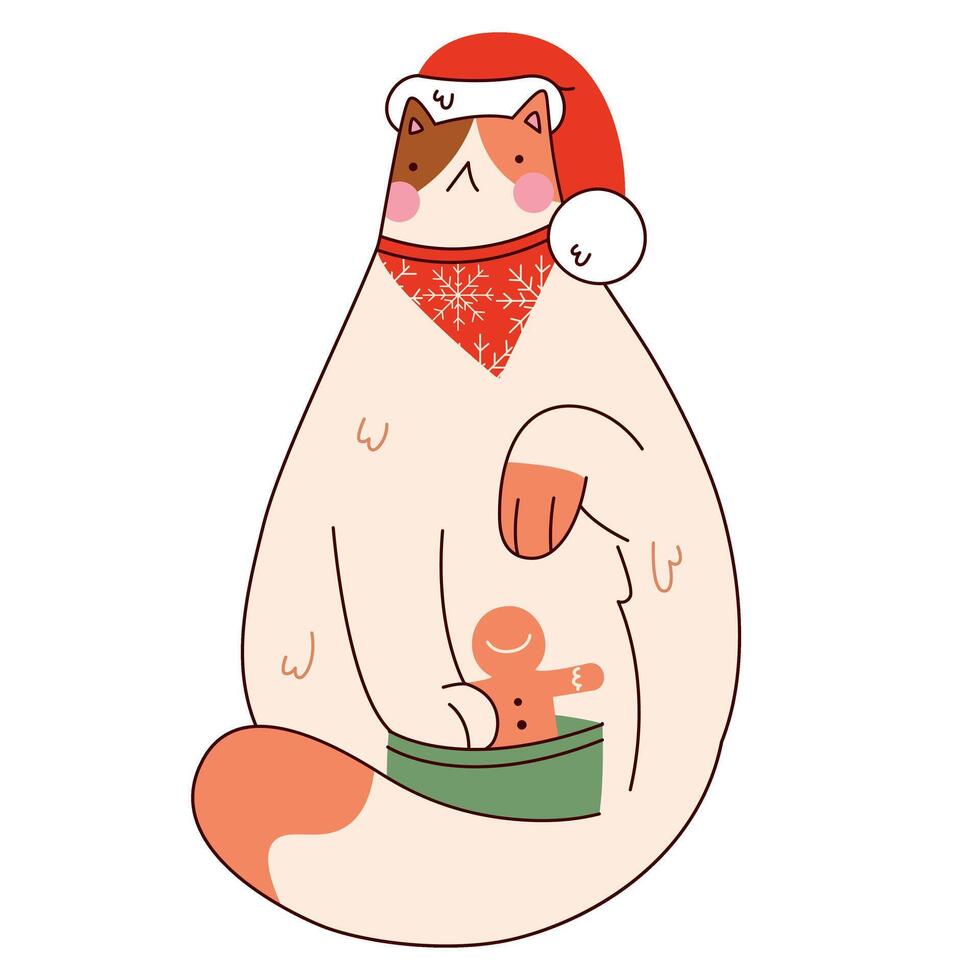 Cute fat cat with christmas cookie.Funny Christmas,New Year character.illustration for greeting card,sticker on transparent background.Hand drawn trendy illustration EPS10. vector
