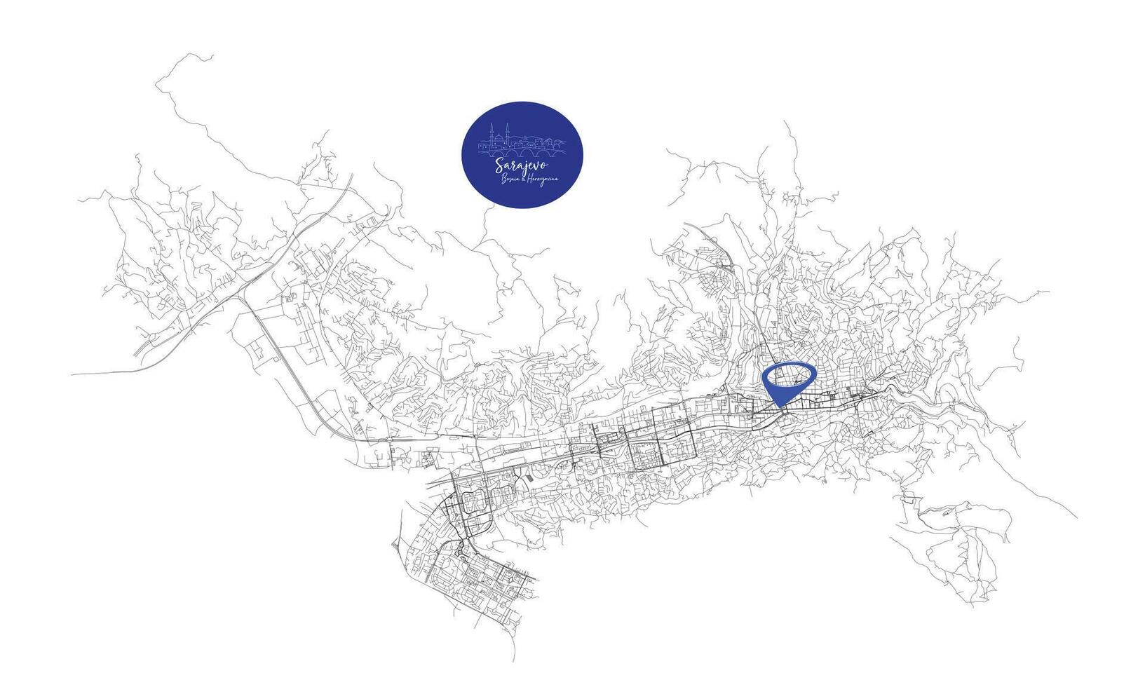 Sarajevo, Bosnia and Herzegovina,detail Streets Roads Map with location pin, illustration element image vector