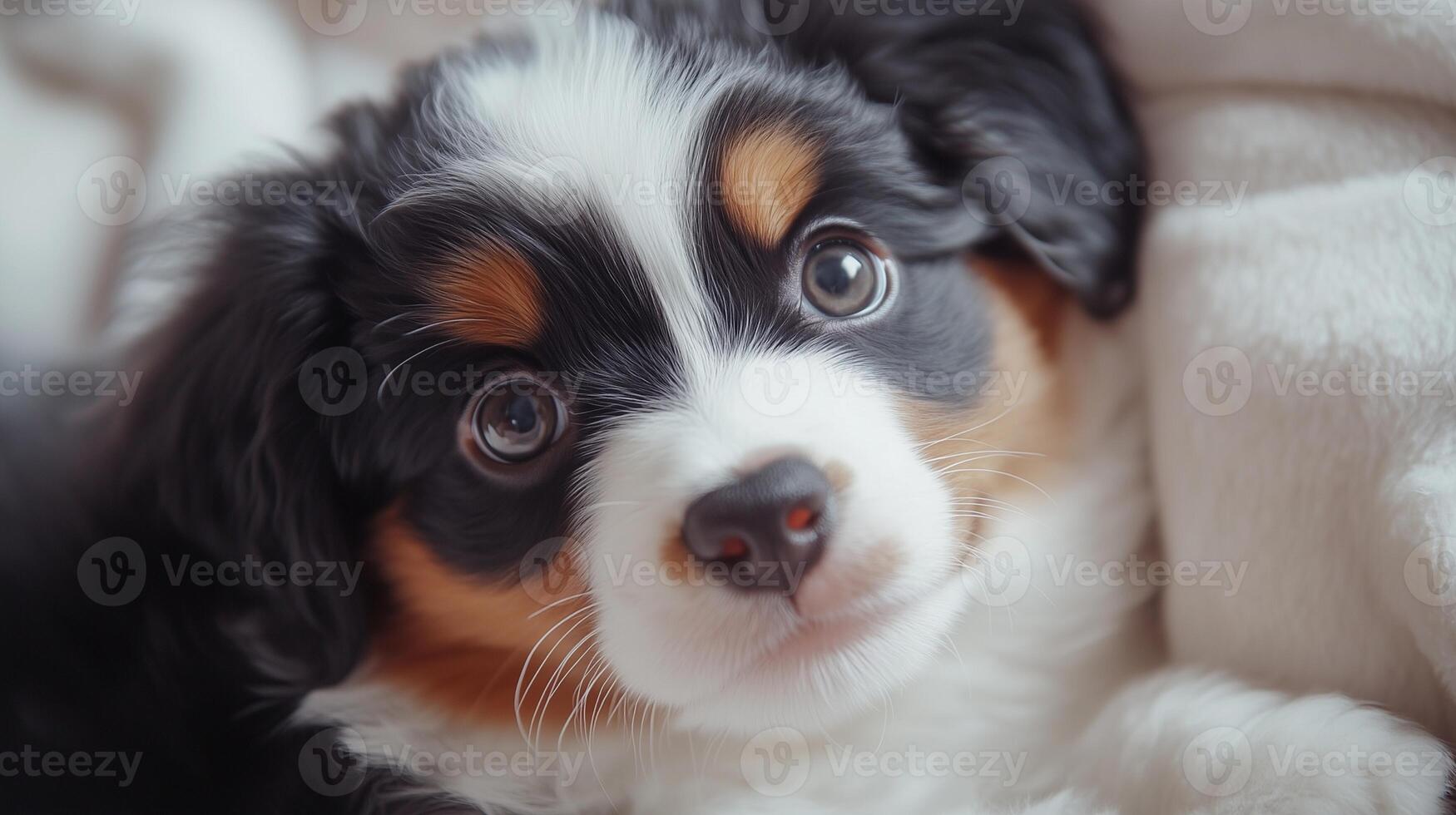 A cute white Bernese Mountain Dog puppy sitting on carpet in a studio, with a playful and adorable expression, showcasing its purebred pedigree and lovely brown and black fur photo