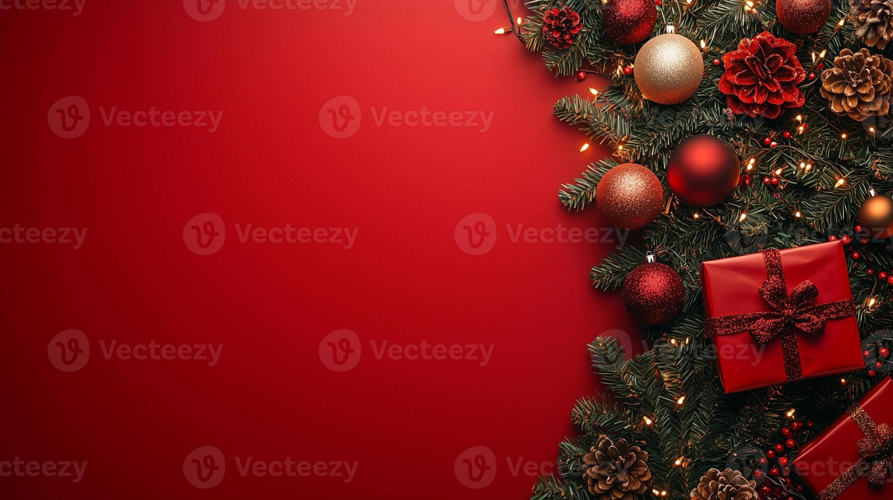 Christmas tree with ornaments and presents on a vibrant red background with space for text photo
