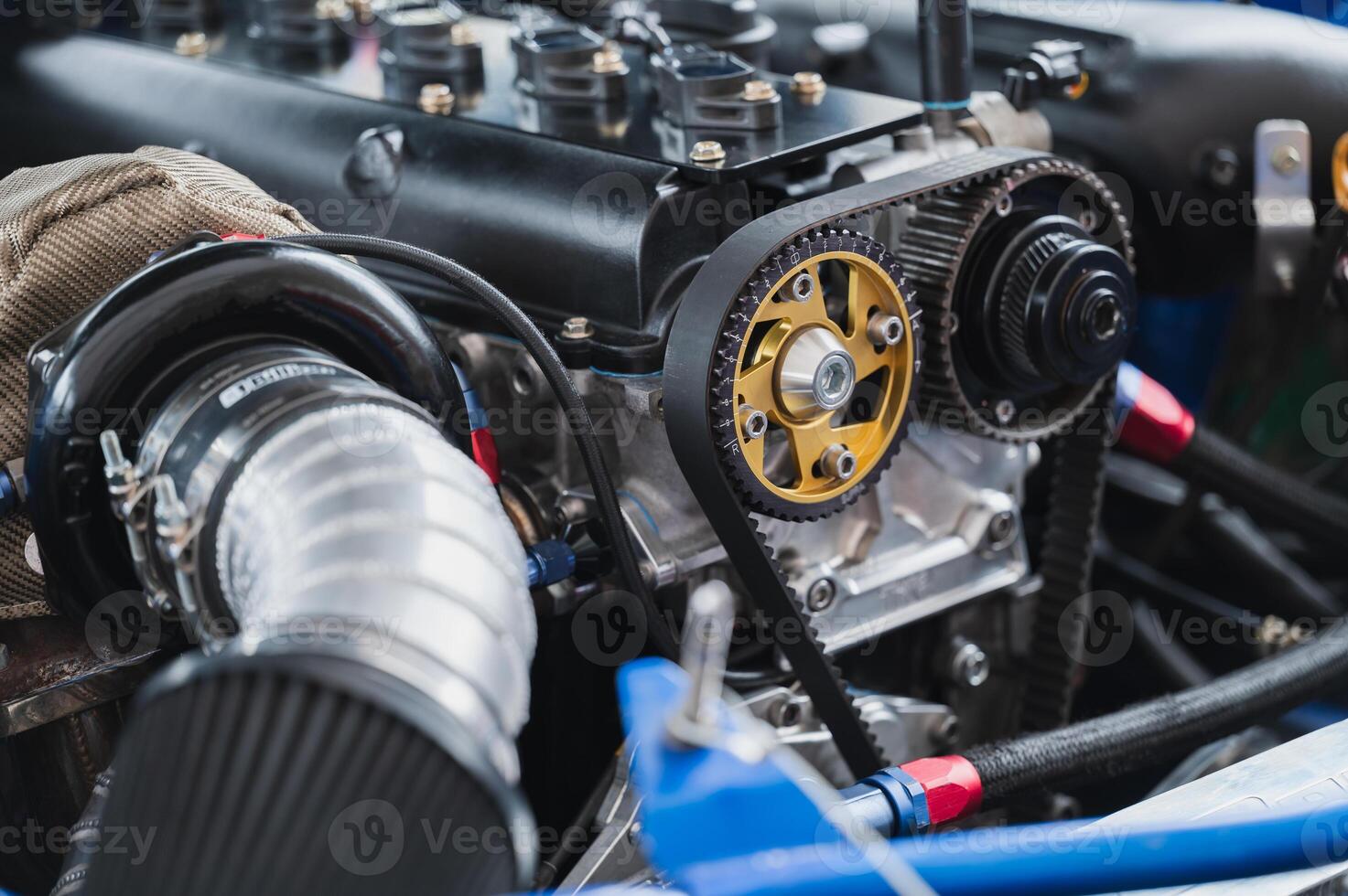 Detailed close-up of high-performance engine advanced automotive engineering image highlights critical components, precision and innovation in automotive design photo