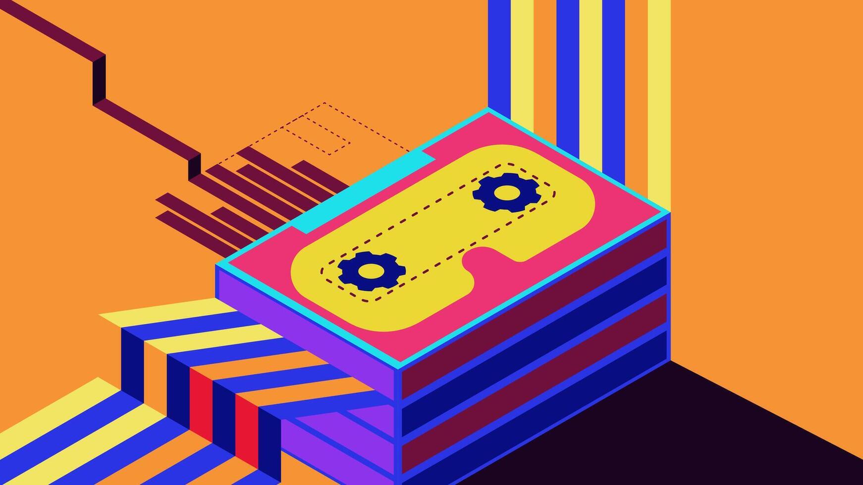 A nostalgic trip back in time, where the whirring sound of cassette tapes meets futuristic electronic beats vector